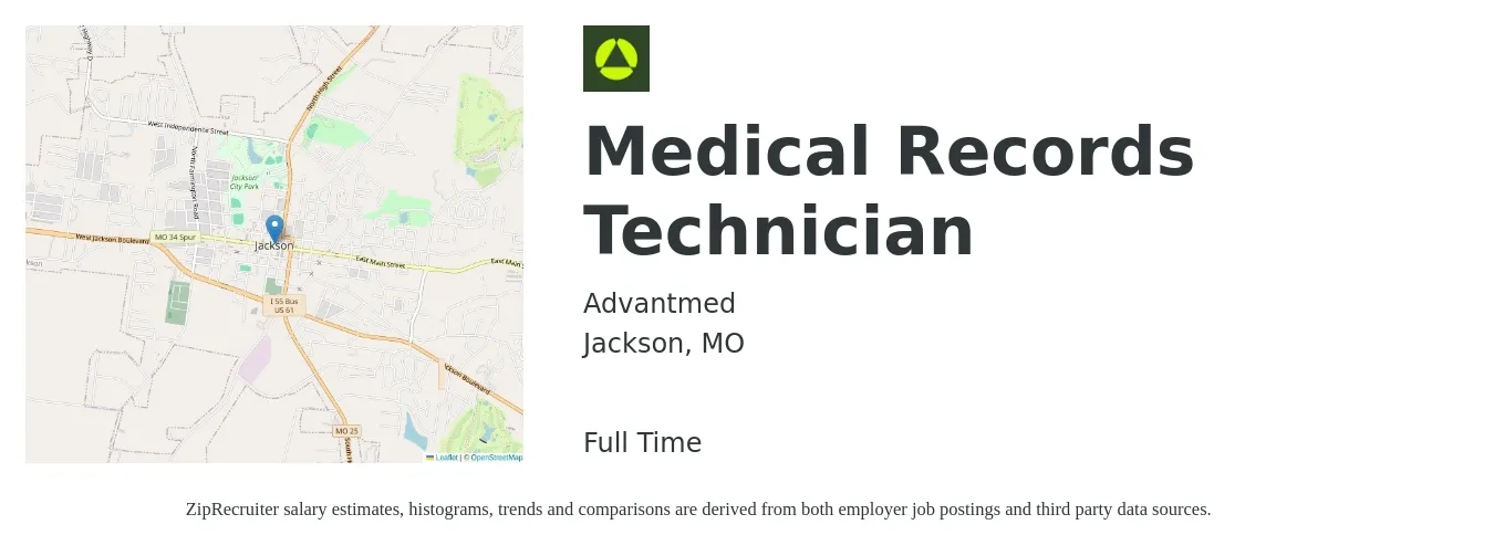 Advantmed job posting for a Medical Records Technician in Jackson, MO with a salary of $18 to $21 Hourly with a map of Jackson location.