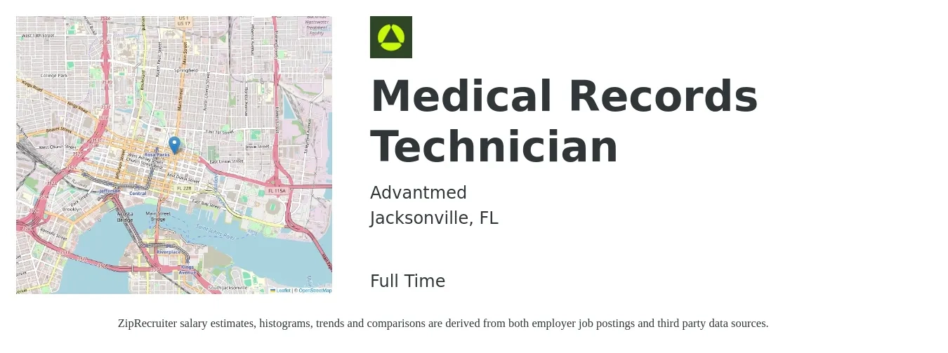 Advantmed job posting for a Medical Records Technician in Jacksonville, FL with a salary of $18 to $21 Hourly with a map of Jacksonville location.