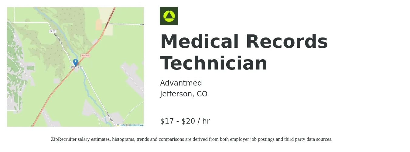 Advantmed job posting for a Medical Records Technician in Jefferson, CO with a salary of $18 to $21 Hourly with a map of Jefferson location.