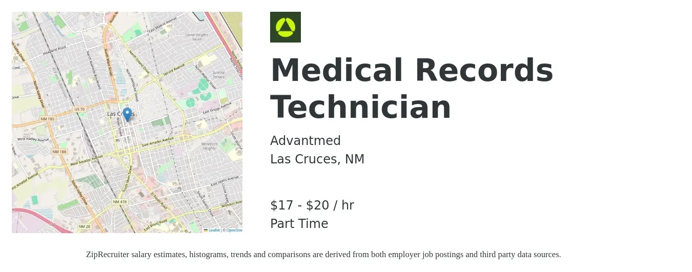 Advantmed job posting for a Medical Records Technician in Las Cruces, NM with a salary of $18 to $21 Hourly with a map of Las Cruces location.