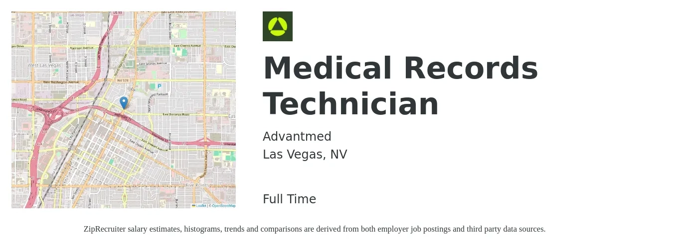 Advantmed job posting for a Medical Records Technician in Las Vegas, NV with a salary of $18 to $21 Hourly with a map of Las Vegas location.