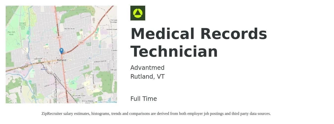 Advantmed job posting for a Medical Records Technician in Rutland, VT with a salary of $18 to $21 Hourly with a map of Rutland location.