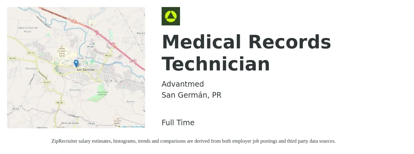 Advantmed job posting for a Medical Records Technician in San Germán, PR with a salary of $36,400 to $49,700 Yearly with a map of San Germán location.