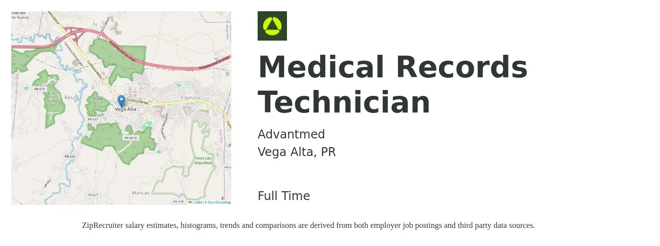 Advantmed job posting for a Medical Records Technician in Vega Alta, PR with a salary of $31,700 to $43,300 Yearly with a map of Vega Alta location.