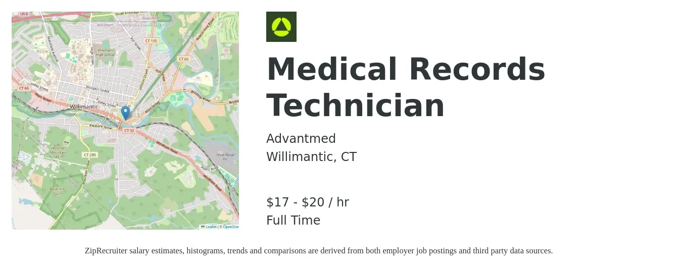 Advantmed job posting for a Medical Records Technician in Willimantic, CT with a salary of $18 to $21 Hourly with a map of Willimantic location.