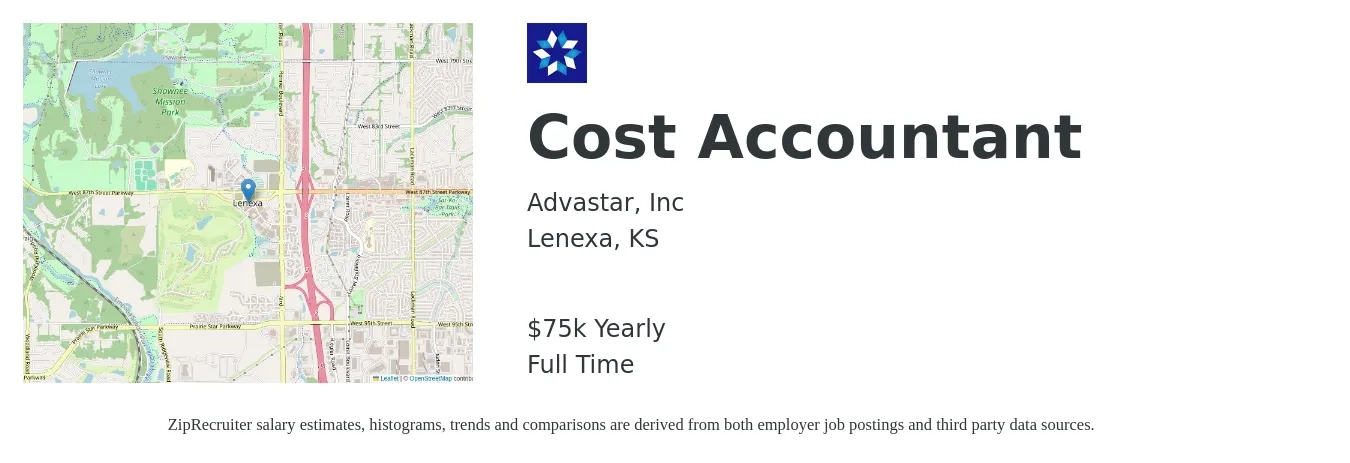 Advastar, Inc job posting for a Cost Accountant in Lenexa, KS with a salary of $75,000 Yearly with a map of Lenexa location.