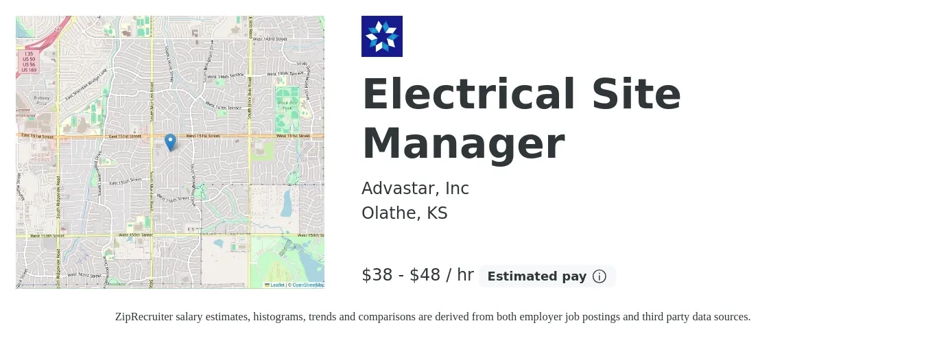 Advastar, Inc job posting for a Electrical Site Manager in Olathe, KS with a salary of $40 to $50 Hourly with a map of Olathe location.