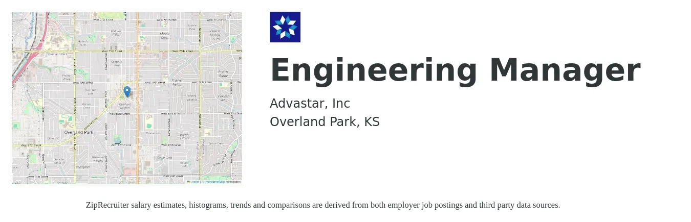 Advastar, Inc job posting for a Engineering Manager in Overland Park, KS with a salary of $110,200 to $163,600 Yearly with a map of Overland Park location.