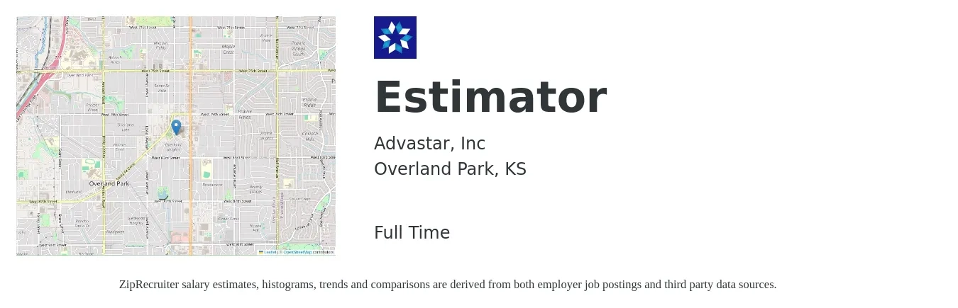 Advastar, Inc job posting for a Estimator in Overland Park, KS with a salary of $61,300 to $97,900 Yearly with a map of Overland Park location.