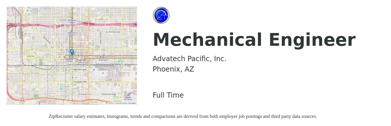 Advatech Pacific, Inc. job posting for a Mechanical Engineer in Phoenix, AZ with a salary of $79,300 to $123,100 Yearly with a map of Phoenix location.