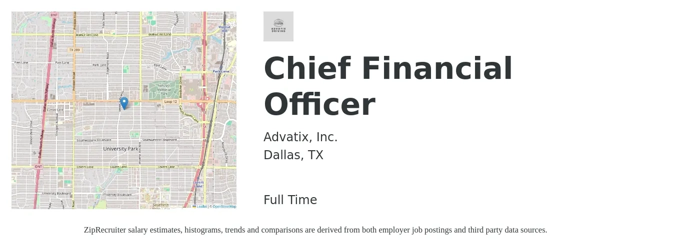 Advatix, Inc. job posting for a Chief Financial Officer in Dallas, TX with a salary of $139,500 to $395,700 Yearly with a map of Dallas location.