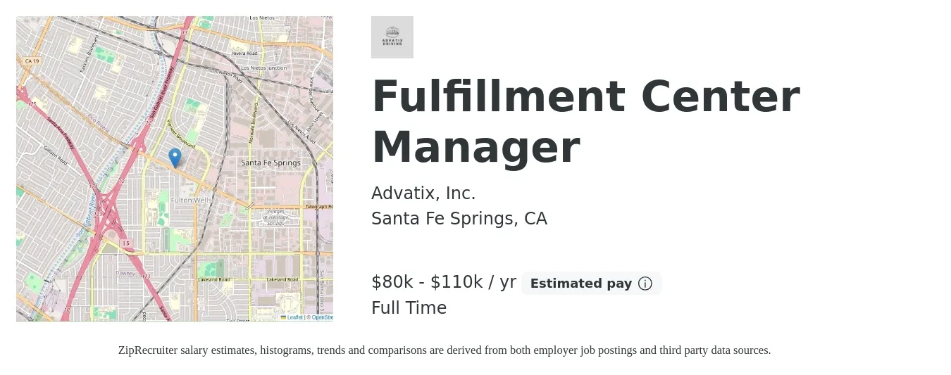 Advatix, Inc. job posting for a Fulfillment Center Manager in Santa Fe Springs, CA with a salary of $80,000 to $110,000 Yearly with a map of Santa Fe Springs location.
