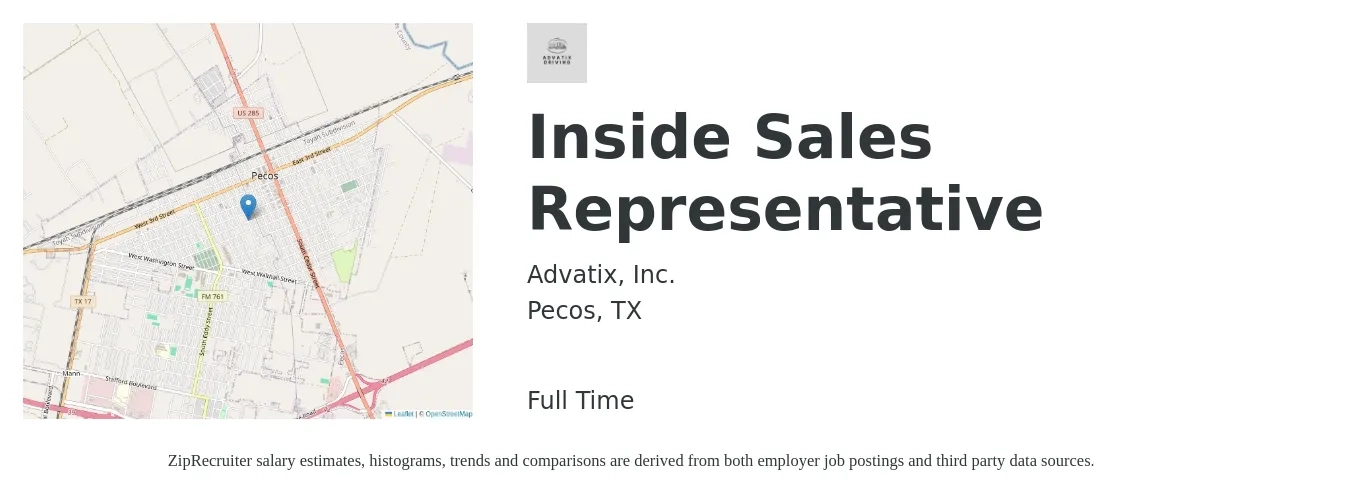 Advatix, Inc. job posting for a Inside Sales Representative in Pecos, TX with a salary of $38,700 to $57,800 Yearly with a map of Pecos location.