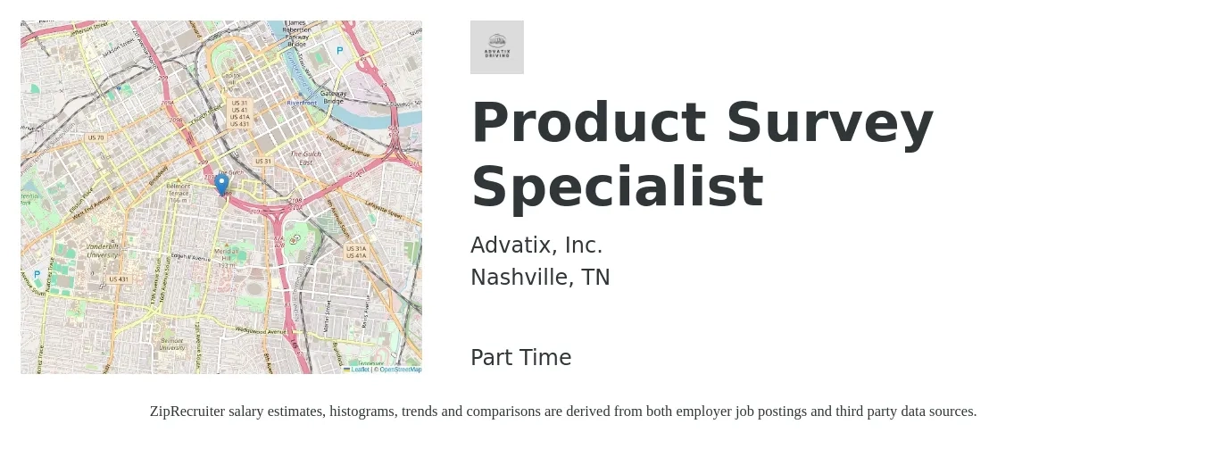 Advatix, Inc. job posting for a Product Survey Specialist in Nashville, TN with a salary of $17 to $34 Hourly with a map of Nashville location.