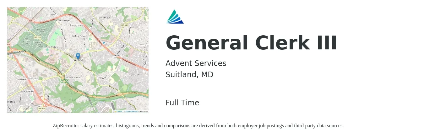 Advent Services job posting for a General Clerk III in Suitland, MD with a salary of $22 Hourly with a map of Suitland location.