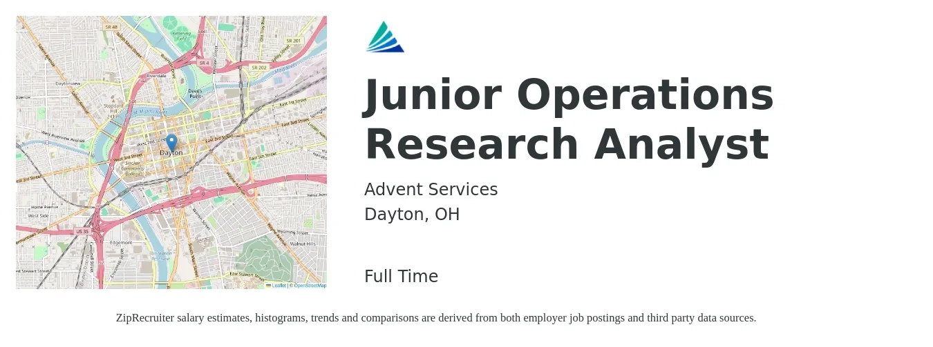 Advent Services job posting for a Junior Operations Research Analyst in Dayton, OH with a salary of $22 to $34 Hourly with a map of Dayton location.