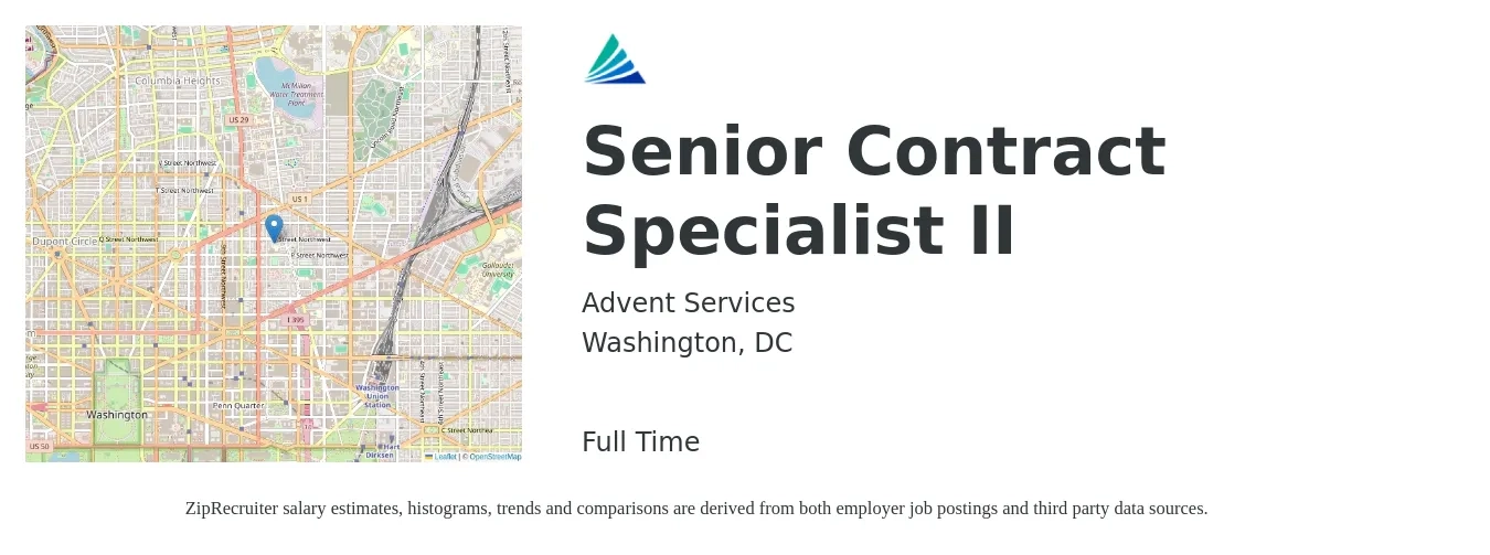 Advent Services job posting for a Senior Contract Specialist II in Washington, DC with a salary of $111,500 Yearly with a map of Washington location.