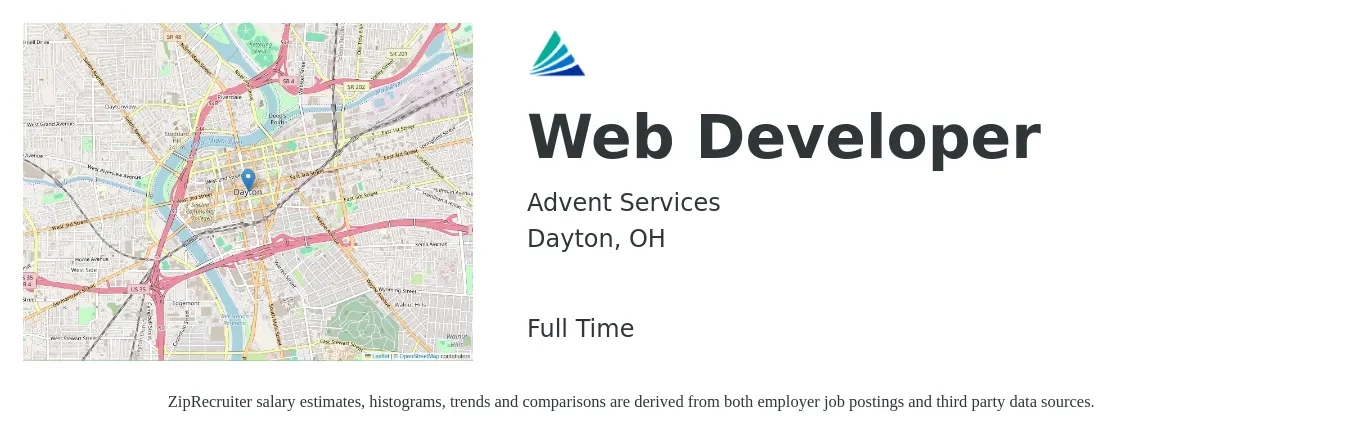 Advent Services LLC job posting for a Web Developer in Dayton, OH with a salary of $34 to $53 Hourly with a map of Dayton location.