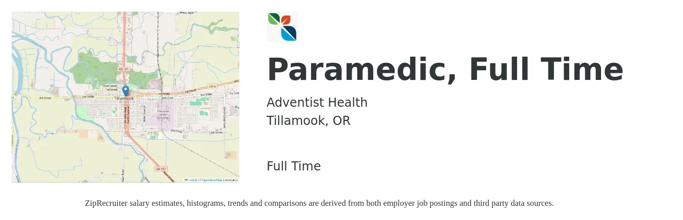 Adventist Health job posting for a Paramedic, Full Time in Tillamook, OR with a salary of $22 to $30 Hourly with a map of Tillamook location.