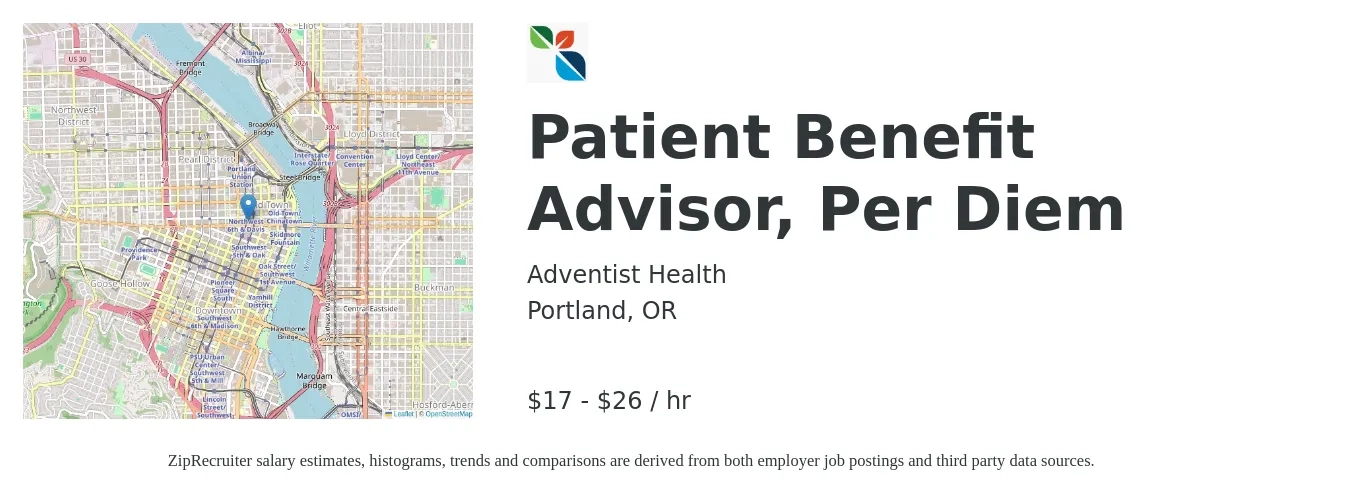 Adventist Health job posting for a Patient Benefit Advisor, Per Diem in Portland, OR with a salary of $18 to $27 Hourly with a map of Portland location.