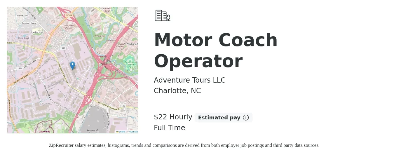 Adventure Tours LLC job posting for a Motor Coach Operator in Charlotte, NC with a salary of $23 Hourly with a map of Charlotte location.