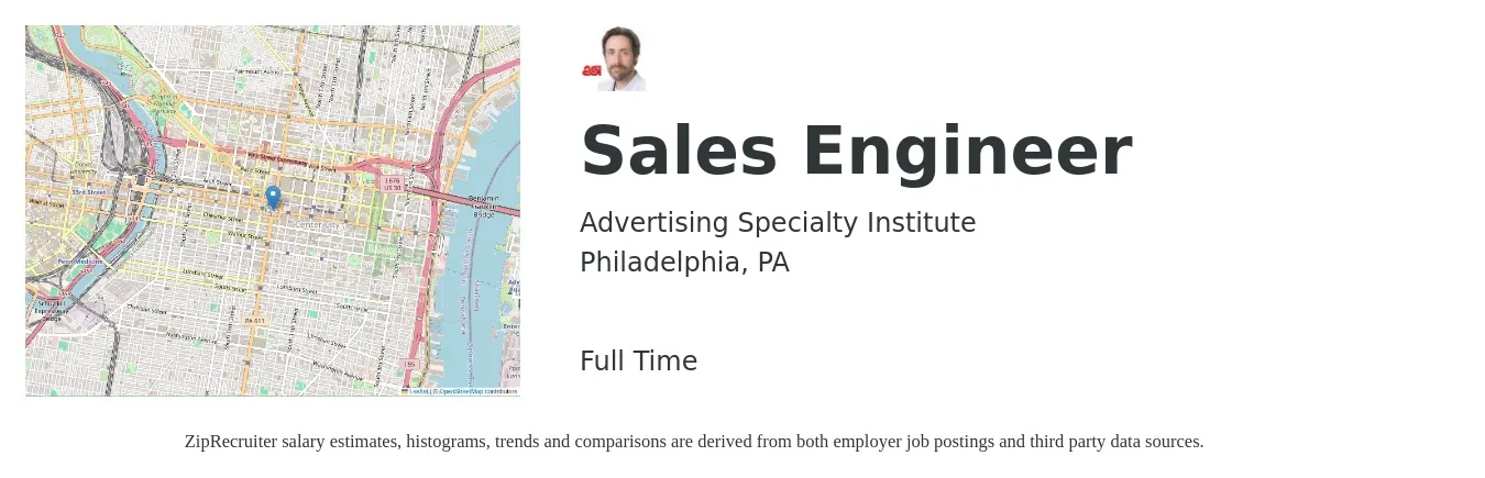 Advertising Specialty Institute job posting for a Sales Engineer in Philadelphia, PA with a salary of $75,700 to $113,500 Yearly with a map of Philadelphia location.
