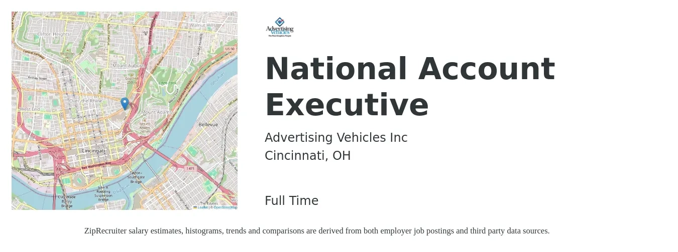 Advertising Vehicles Inc job posting for a National Account Executive in Cincinnati, OH with a salary of $68,200 to $129,600 Yearly with a map of Cincinnati location.