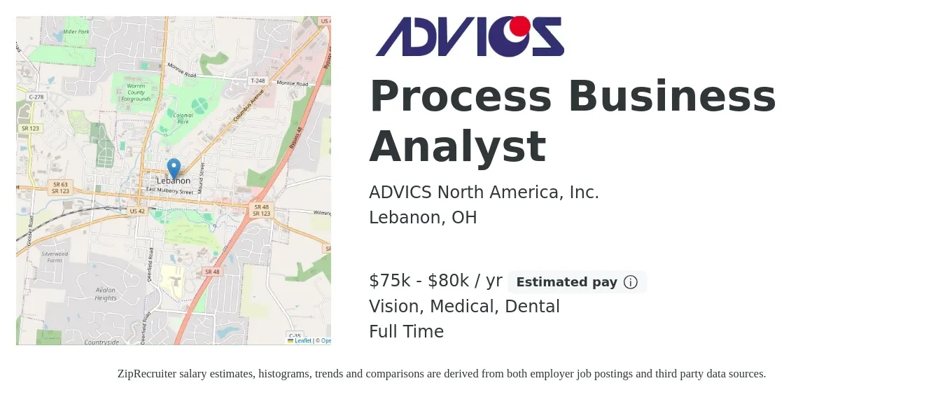ADVICS North America, Inc. job posting for a Process Business Analyst in Lebanon, OH with a salary of $75,000 to $80,000 Yearly and benefits including dental, life_insurance, medical, pto, retirement, and vision with a map of Lebanon location.