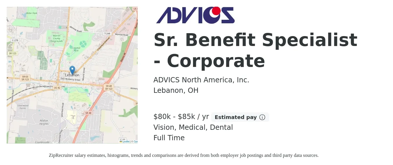 ADVICS North America, Inc. job posting for a Sr. Benefit Specialist - Corporate in Lebanon, OH with a salary of $80,000 to $85,000 Yearly and benefits including pto, retirement, vision, dental, life_insurance, and medical with a map of Lebanon location.