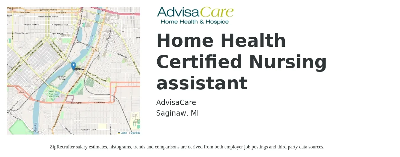 AdvisaCare job posting for a Home Health Certified Nursing assistant in Saginaw, MI with a salary of $14 to $19 Hourly with a map of Saginaw location.