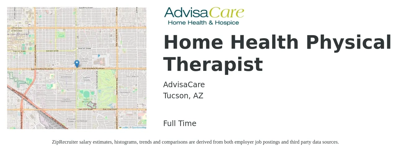 AdvisaCare job posting for a Home Health Physical Therapist in Tucson, AZ with a salary of $39 to $50 Hourly with a map of Tucson location.
