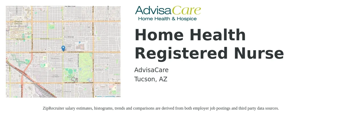 AdvisaCare job posting for a Home Health Registered Nurse in Tucson, AZ with a salary of $1,500 to $2,250 Weekly with a map of Tucson location.