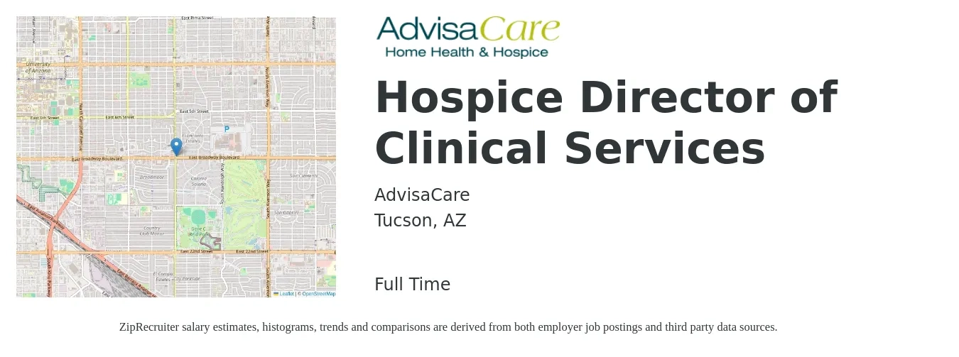 AdvisaCare job posting for a Hospice Director of Clinical Services in Tucson, AZ with a salary of $78,900 to $109,700 Yearly with a map of Tucson location.