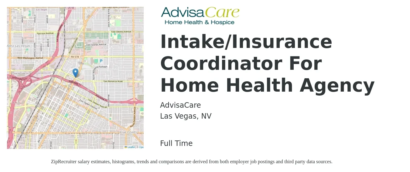 AdvisaCare job posting for a Intake/Insurance Coordinator For Home Health Agency in Las Vegas, NV with a salary of $17 to $24 Hourly with a map of Las Vegas location.