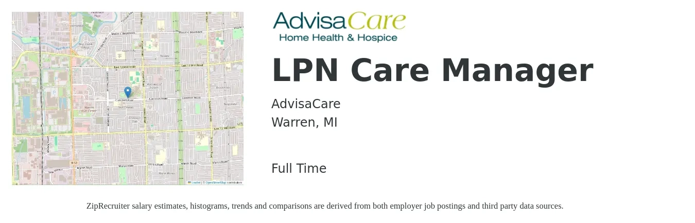 AdvisaCare job posting for a LPN Care Manager in Warren, MI with a salary of $24 to $34 Hourly with a map of Warren location.