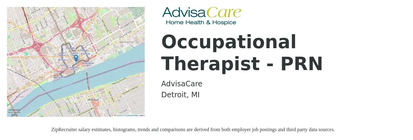 AdvisaCare job posting for a Occupational Therapist - PRN in Detroit, MI with a salary of $40 to $52 Hourly with a map of Detroit location.