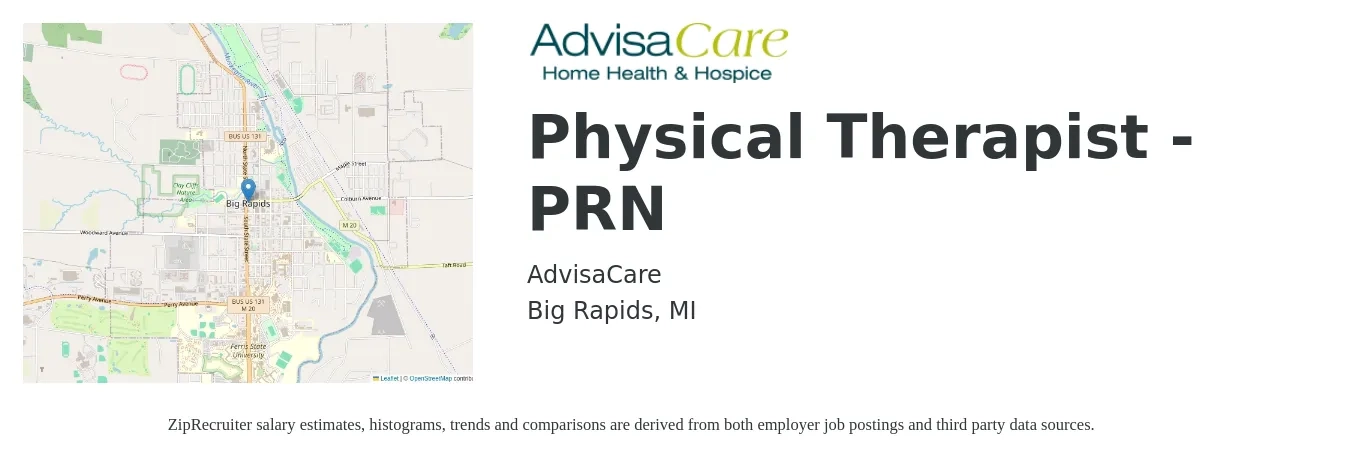 AdvisaCare job posting for a Physical Therapist - PRN in Big Rapids, MI with a salary of $1,430 to $1,850 Weekly with a map of Big Rapids location.