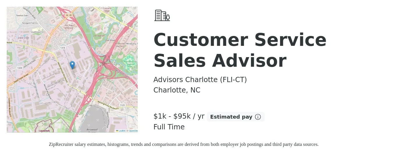 Advisors Charlotte (FLI-CT) job posting for a Customer Service Sales Advisor in Charlotte, NC with a salary of $1,000 to $95,000 Yearly with a map of Charlotte location.