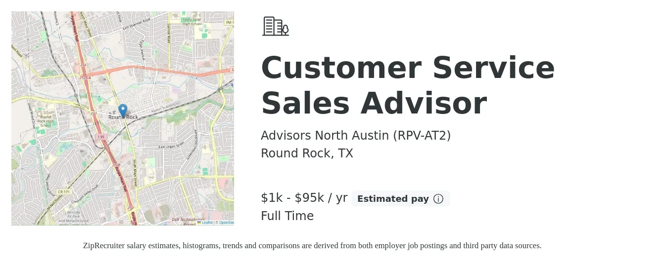 Advisors North Austin (RPV-AT2) job posting for a Customer Service Sales Advisor in Round Rock, TX with a salary of $1,000 to $95,000 Yearly with a map of Round Rock location.
