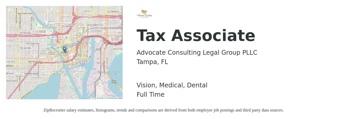 Advocate Consulting Legal Group PLLC job posting for a Tax Associate in Tampa, FL with a salary of $55,300 to $73,700 Yearly and benefits including vision, dental, life_insurance, medical, pto, and retirement with a map of Tampa location.