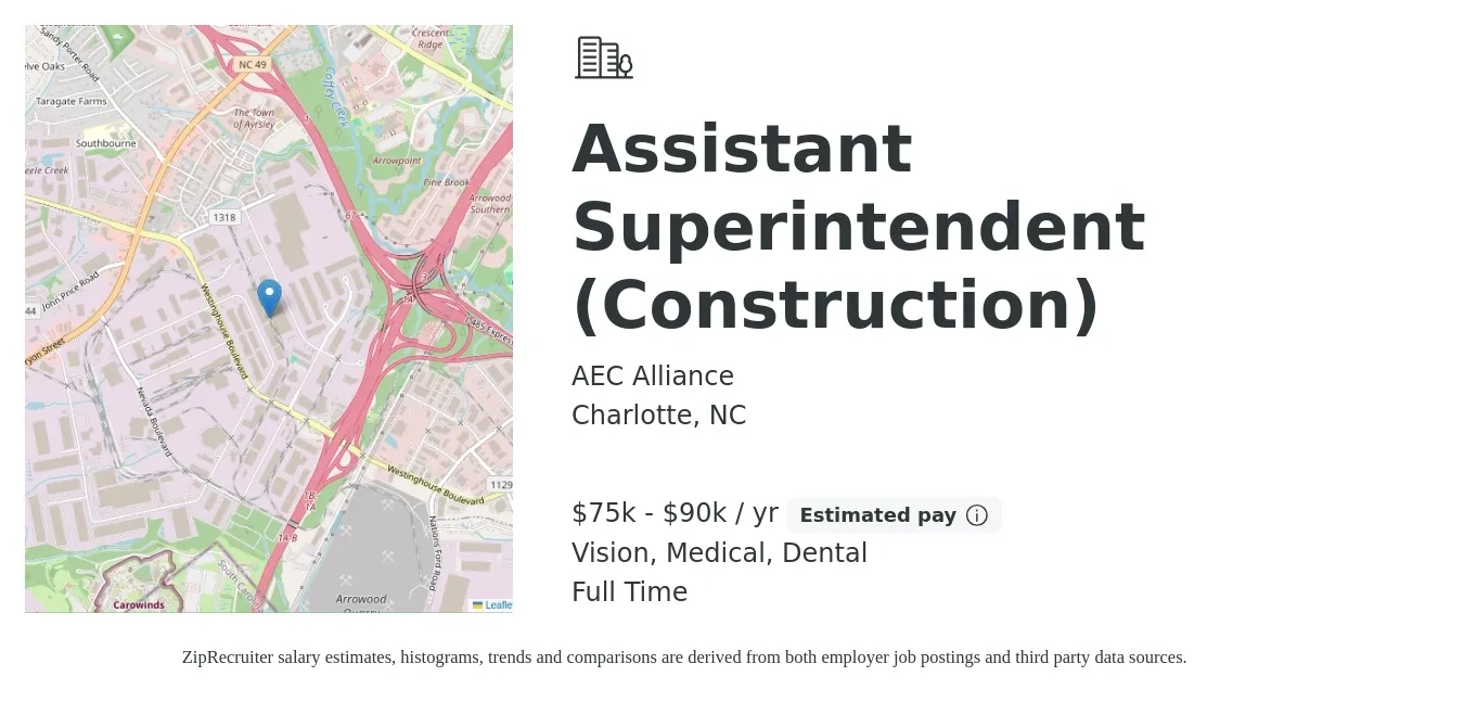AEC Alliance job posting for a Assistant Superintendent (Construction) in Charlotte, NC with a salary of $75,000 to $90,000 Yearly and benefits including retirement, vision, dental, and medical with a map of Charlotte location.