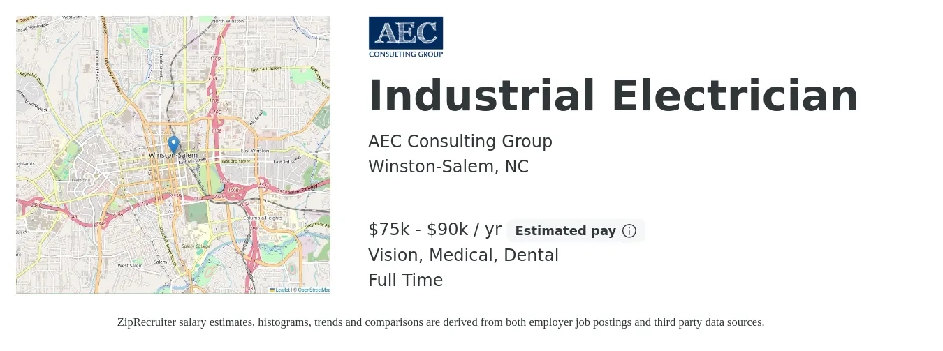 AEC Consulting Group job posting for a Industrial Electrician in Winston-Salem, NC with a salary of $75,000 to $90,000 Yearly and benefits including dental, life_insurance, medical, retirement, and vision with a map of Winston-Salem location.