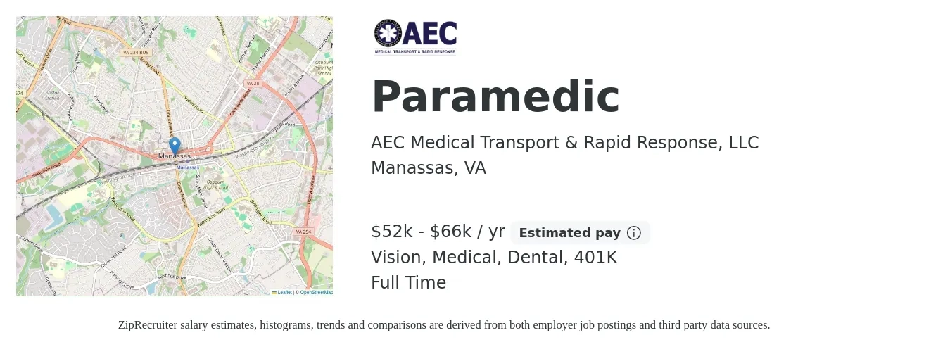 AEC Medical Transport & Rapid Response, LLC job posting for a Paramedic in Manassas, VA with a salary of $52,624 to $66,352 Yearly and benefits including 401k, dental, life_insurance, medical, and vision with a map of Manassas location.