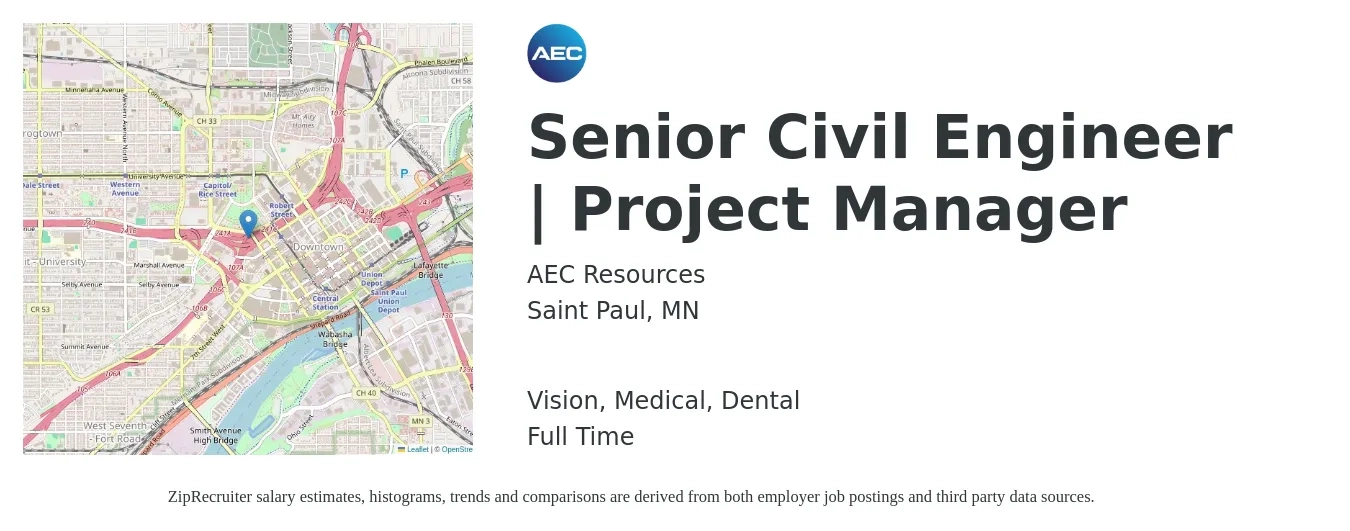 AEC Resources job posting for a Senior Civil Engineer | Project Manager in Saint Paul, MN with a salary of $87,000 to $129,500 Yearly and benefits including medical, pto, retirement, vision, dental, and life_insurance with a map of Saint Paul location.