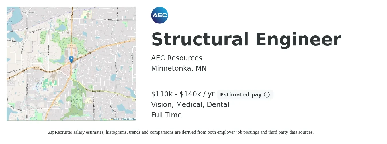 AEC Resources job posting for a Structural Engineer in Minnetonka, MN with a salary of $110,000 to $140,000 Yearly and benefits including pto, retirement, vision, dental, life_insurance, and medical with a map of Minnetonka location.