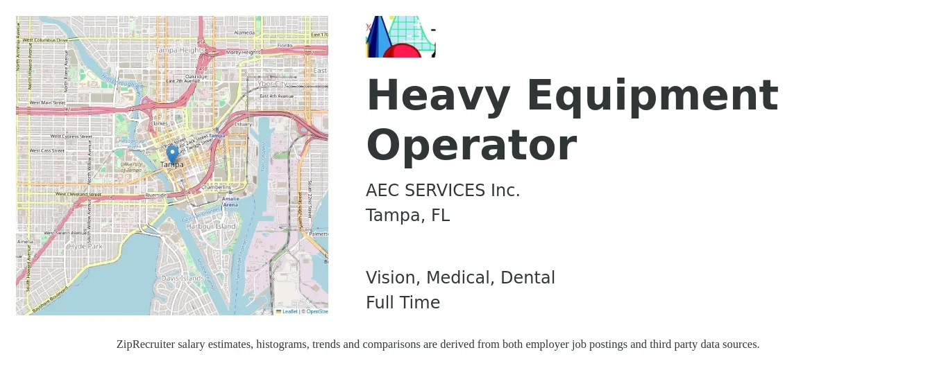 AEC SERVICES Inc. job posting for a Heavy Equipment Operator in Tampa, FL with a salary of $19 to $26 Hourly and benefits including dental, medical, and vision with a map of Tampa location.