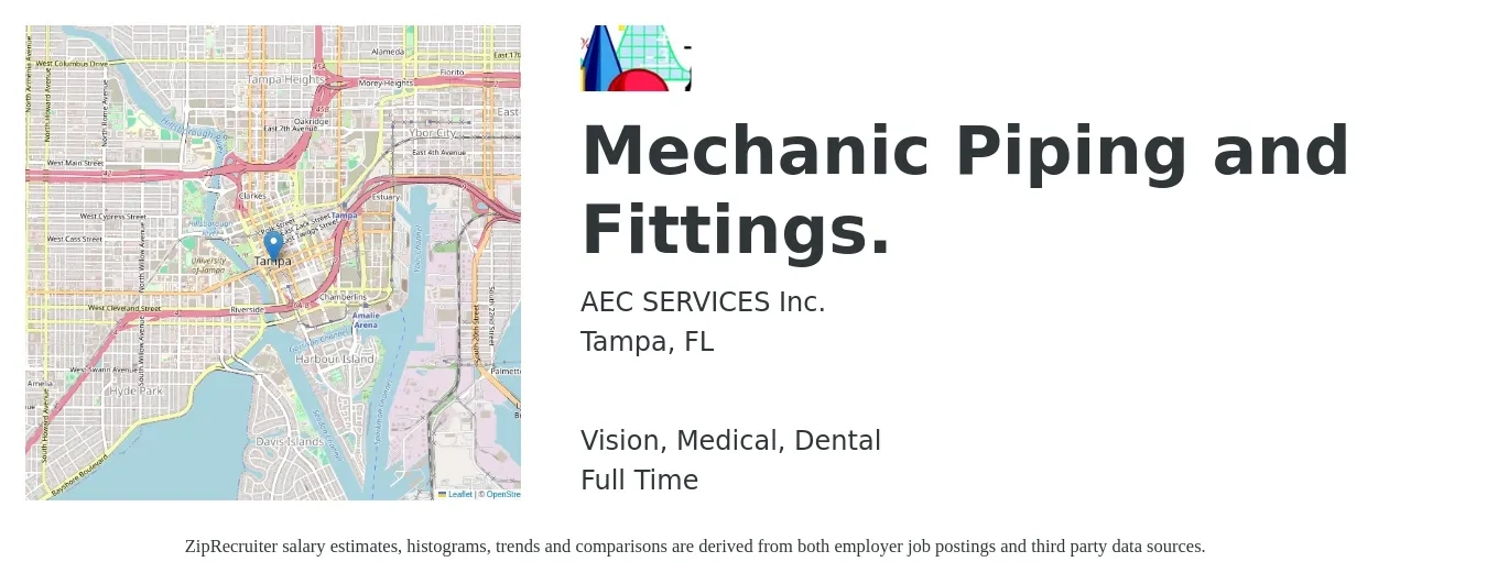 AEC SERVICES Inc. job posting for a Mechanic Piping and Fittings. in Tampa, FL with a salary of $23 to $29 Hourly and benefits including dental, medical, and vision with a map of Tampa location.