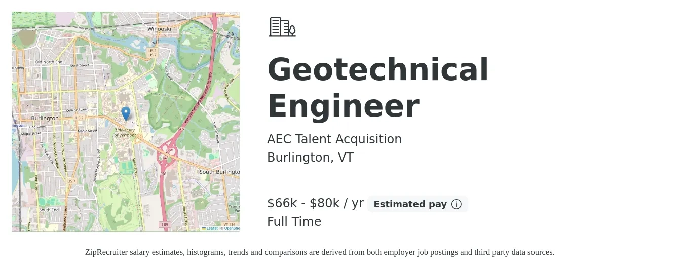 AEC Talent Acquisition job posting for a Geotechnical Engineer in Burlington, VT with a salary of $66,000 to $80,000 Yearly with a map of Burlington location.