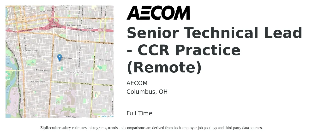 AECOM job posting for a Senior Technical Lead - CCR Practice (Remote) in Columbus, OH with a salary of $75,300 to $143,000 Yearly with a map of Columbus location.