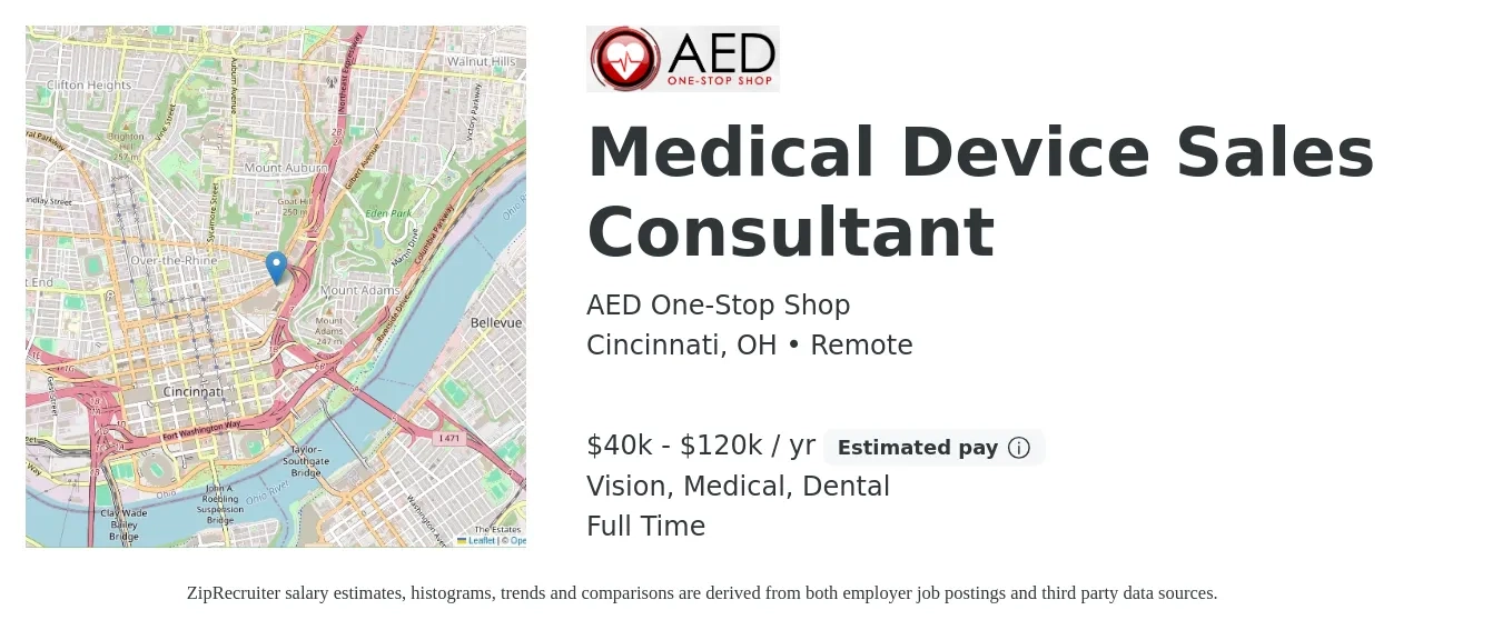 AED One-Stop Shop job posting for a Medical Device Sales Consultant in Cincinnati, OH with a salary of $40,000 to $120,000 Yearly (plus commission) and benefits including pto, vision, dental, and medical with a map of Cincinnati location.